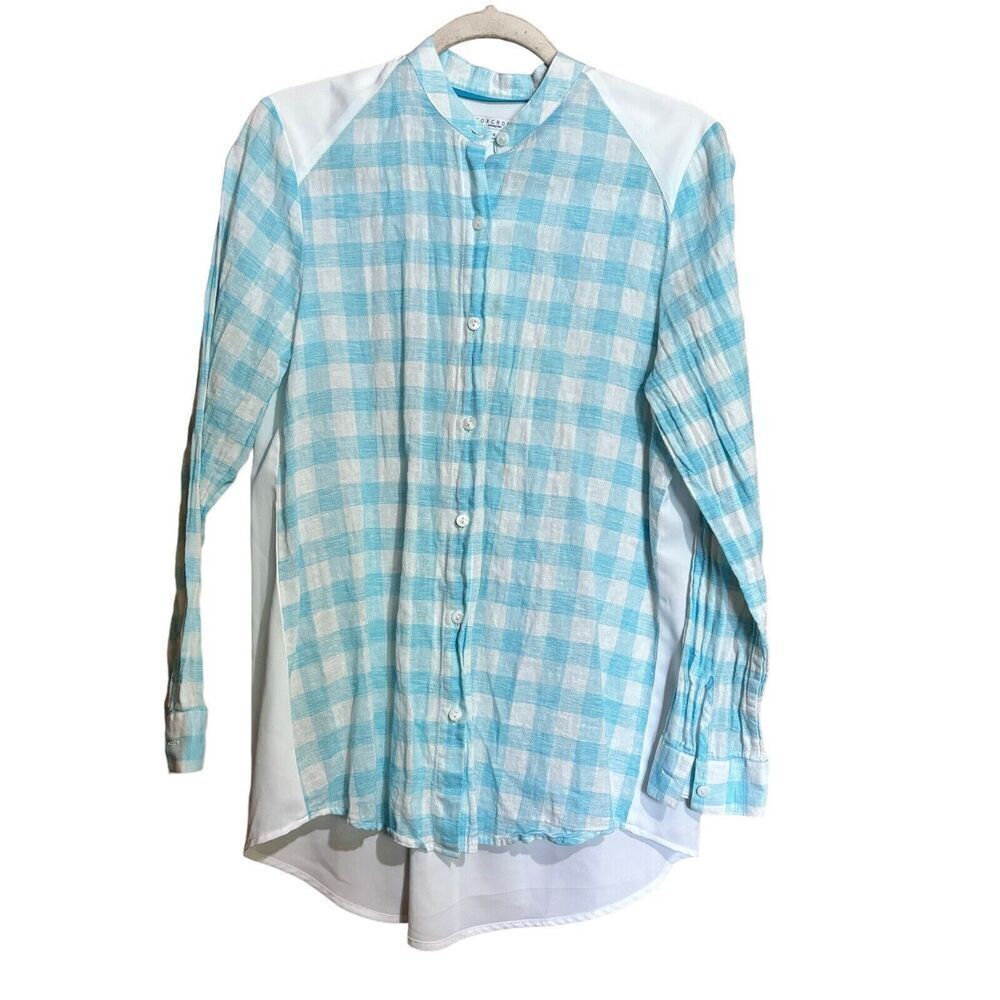 FOXCROFT Shirt Womens 8 Blue White Plaid Button Up Blouse Long Sleeve Top